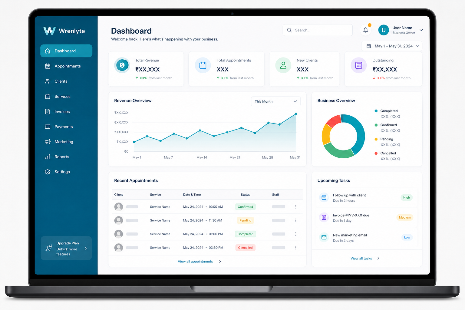 CRM dashboard showing client records, appointments, and revenue reporting